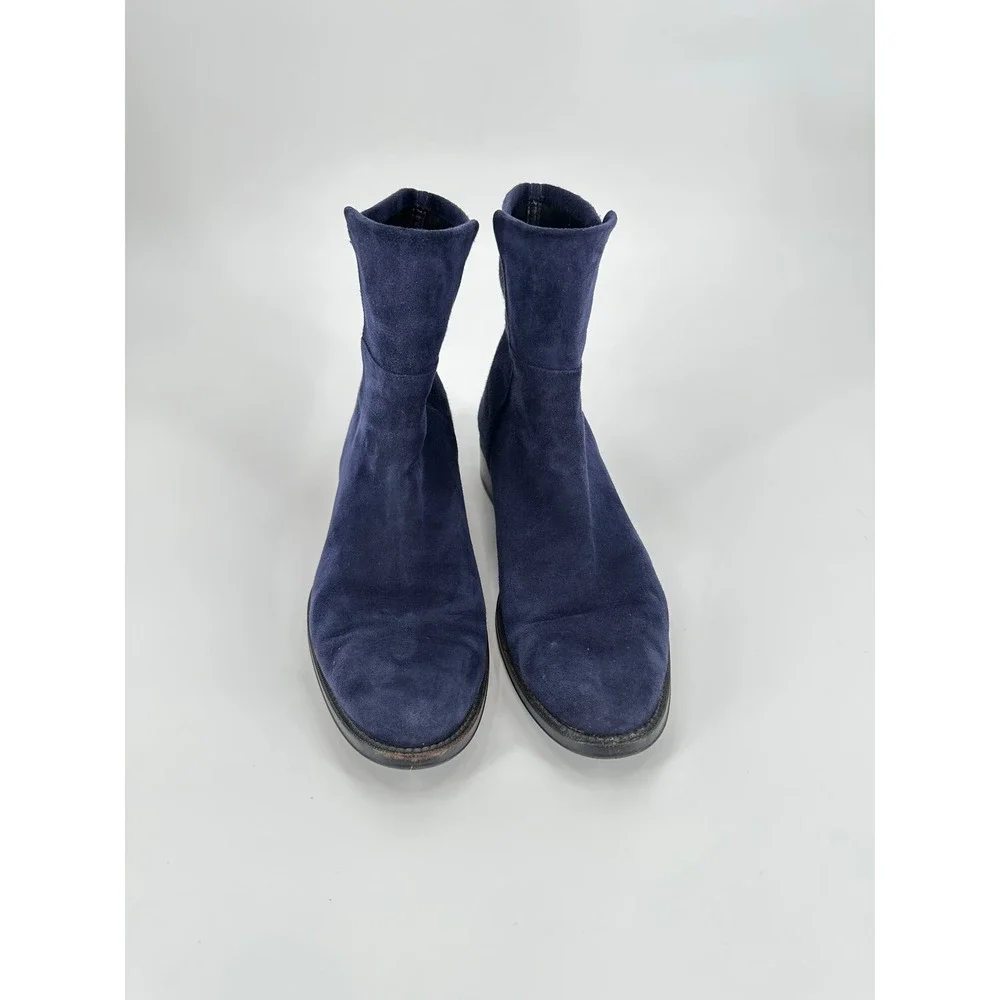 Stuart Weitzman 5050 Navy Blue Suede Ankle Boots 10M Low Block Heel Made Spain